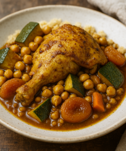 Plat de couscous avec poulet, pois chiches, carottes et courgettes dans une assiette sur une table en bois.