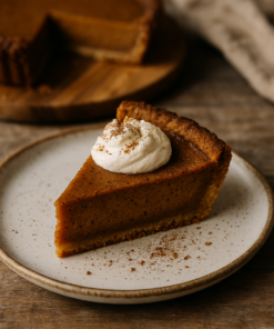 Part de tarte à la citrouille avec crème fouettée, servie sur assiette blanche, sur une table rustique.