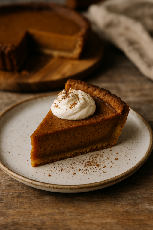 Part de tarte à la citrouille avec crème fouettée, servie sur assiette blanche, sur une table rustique.