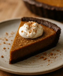 Part de tarte au potiron sur assiette avec crème fouettée et miettes de biscuit, ambiance automnale.