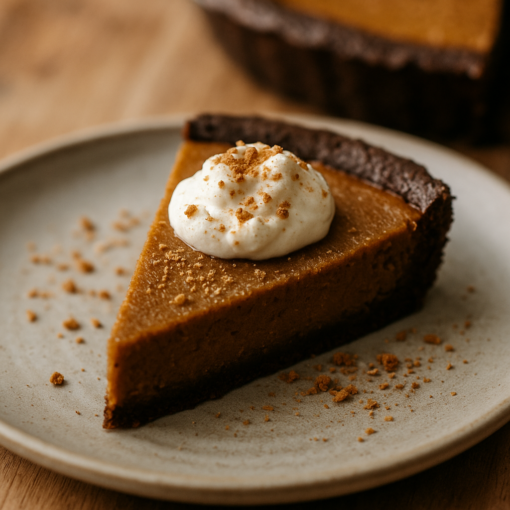 Part de tarte au potiron sur assiette avec crème fouettée et miettes de biscuit, ambiance automnale.