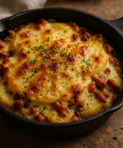Plat de tartiflette savoyarde avec pommes de terre, lardons et fromage fondu dans une poêle en fonte.