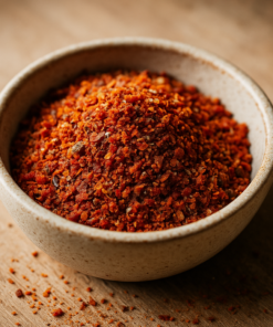 Bol de piment en poudre sur planche en bois, épice rouge vive pour cuisine intense.