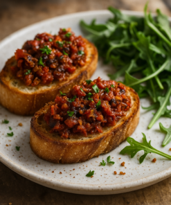 Bruschetta savoureuse avec garniture épicée et roquette fraîche sur une assiette blanche.
