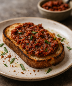 Toast garni de sauce tomate parfumée et de basilic frais sur une assiette en céramique.