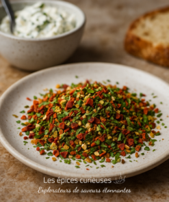 Assiette d'épices colorées accompagnée d'une sauce crémeuse dans un bol, posée sur une table avec une tranche de pain.