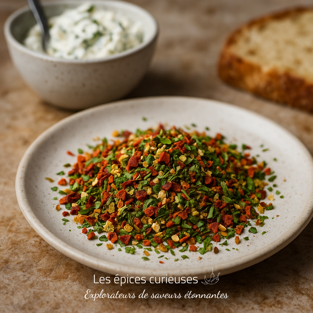 Assemblage du Fromager – Saveurs Provençales (1) Assiette d'épices colorées accompagnée d'une sauce crémeuse dans un bol, posée sur une table avec une tranche de pain.