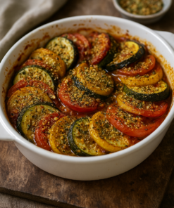 Plat de ratatouille coloré au four, composé de tomates et courgettes, saupoudré d'herbes et d'épices dans un plat blanc.