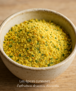 Bol de curry en poudre jaune avec des herbes, parfait pour rehausser vos plats avec une touche épicée et aromatique.