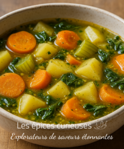 Bol de soupe aux légumes frais avec carottes, pommes de terre et épinards, présenté sur une table en bois.