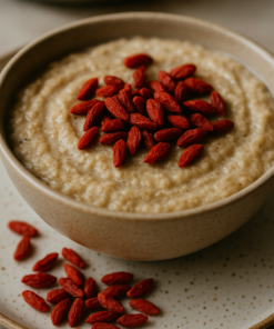 Bol de porridge crémeux garni de baies de goji rouges sur une assiette en céramique rustique.