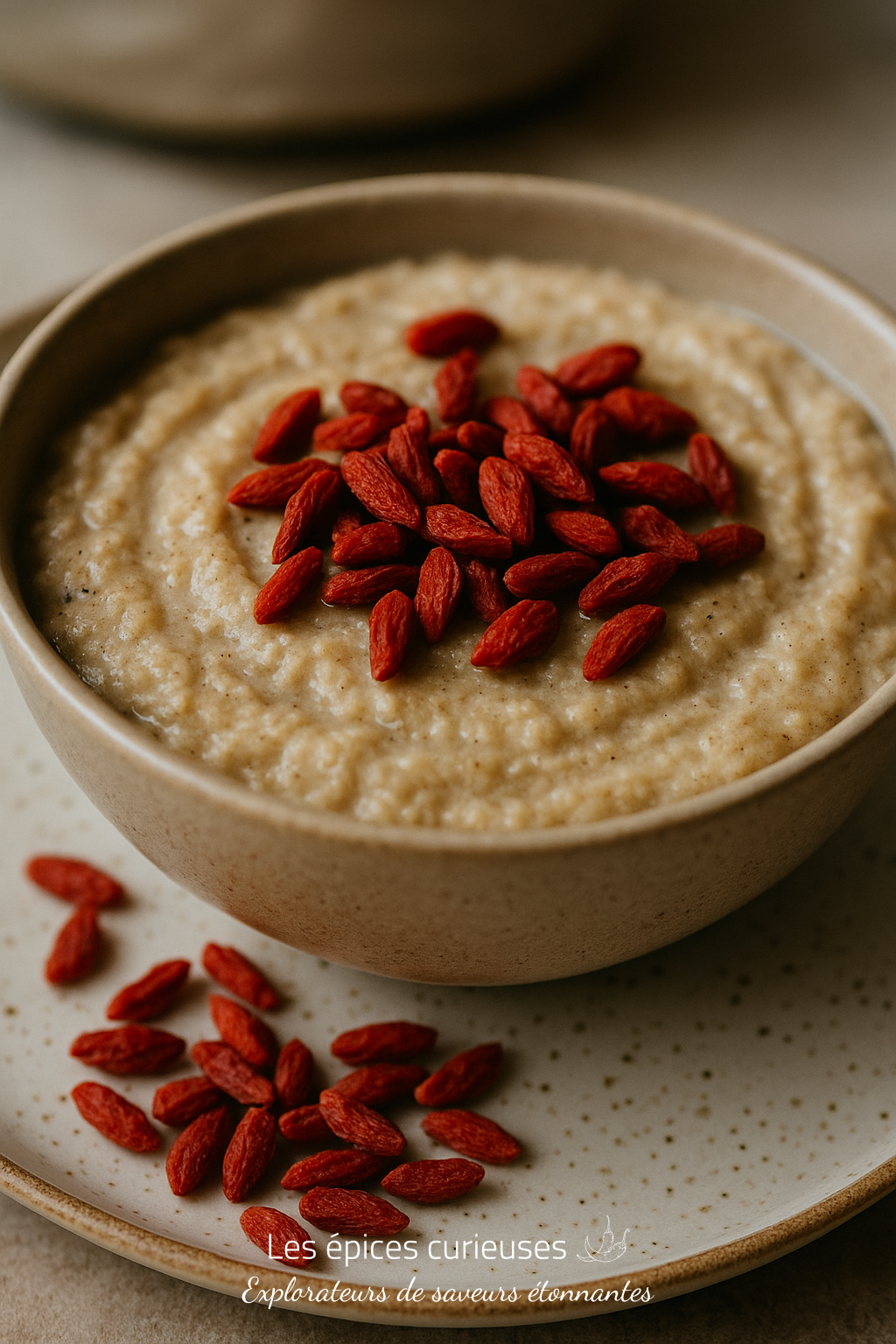 Baies de Goji – Perles Rouges Gourmandes (1) Bol de porridge crémeux garni de baies de goji rouges sur une assiette en céramique rustique.