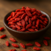 Bol de baies de goji rouges sur une table en bois, mise en avant de leurs bienfaits santé et propriétés antioxydantes.