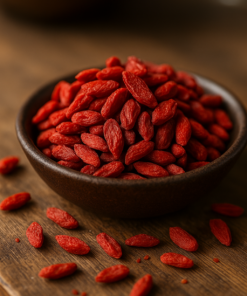 Bol de baies de goji rouges sur une table en bois, mise en avant de leurs bienfaits santé et propriétés antioxydantes.