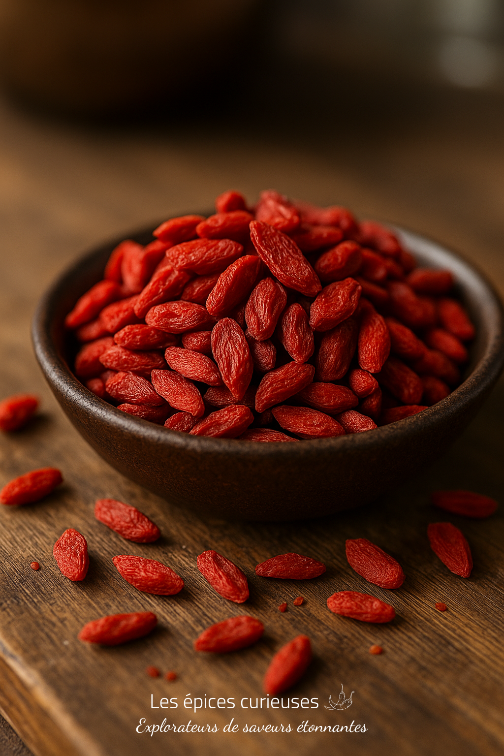 Baies de Goji – Perles Rouges Gourmandes (2) Bol de baies de goji rouges sur une table en bois, mise en avant de leurs bienfaits santé et propriétés antioxydantes.