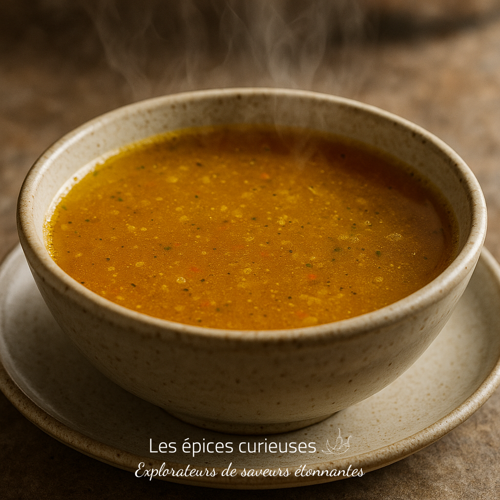 Bouillon Doré – Assemblage Poulet & Légumes (1) Bol de soupe chaude et fumante aux légumes, parfait pour une journée d'hiver.