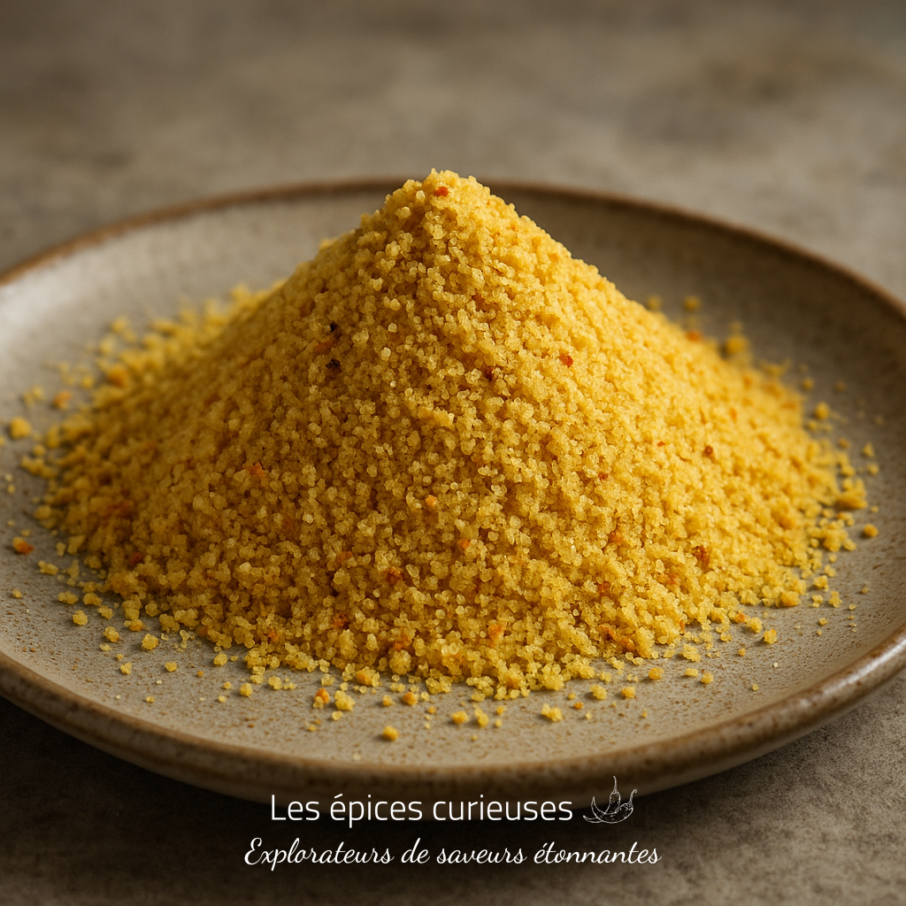 Bouillon Doré – Assemblage Poulet & Légumes (2) Assiette de semoule de couscous dorée en pile, prête pour une cuisine savoureuse et exotique.