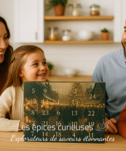 Famille souriante autour d’un calendrier de l’Avent sur une table en bois. Atmosphère chaleureuse et festive.