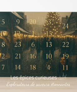 Calendrier de l'Avent avec scène de marché de Noël illuminé, numéros dorés, ambiance festive chaleureuse.