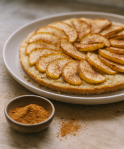 Tarte aux pommes maison avec des tranches saupoudrées de cannelle, accompagnée d'un bol de cannelle en poudre.