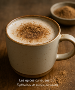 Tasse de cappuccino saupoudrée de cannelle sur une table en bois rustique, ambiance chaleureuse et réconfortante.