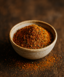 Bol de mélange d'épices colorées sur fond en bois, parfait pour rehausser le goût des plats faits maison.