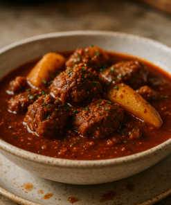 Bol de ragoût savoureux avec boulettes de viande et pommes de terre, parsemé de persil frais.