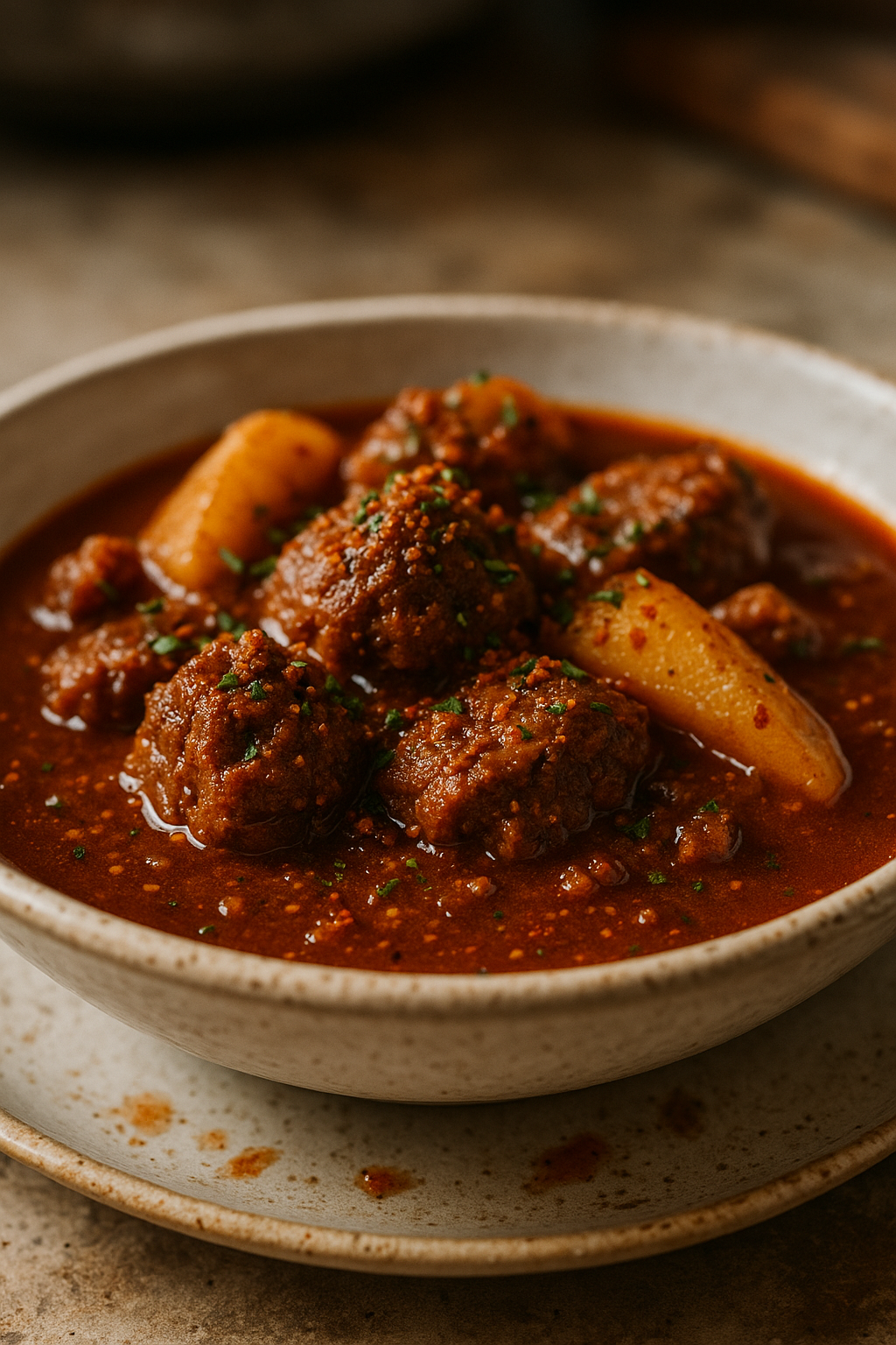 Chaudron d’Anjou – Mélange Réconfortant et Envoûtant (2) Bol de ragoût savoureux avec boulettes de viande et pommes de terre, parsemé de persil frais.