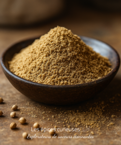 Bol de coriandre moulue sur une table en bois, accompagné de grains entiers.
