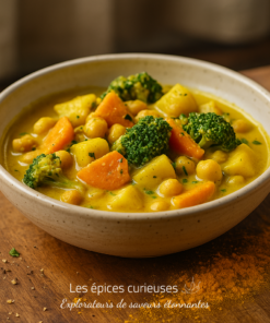 Bol de curry végétarien coloré avec carottes, brocoli et pois chiches, présenté sur une table en bois.