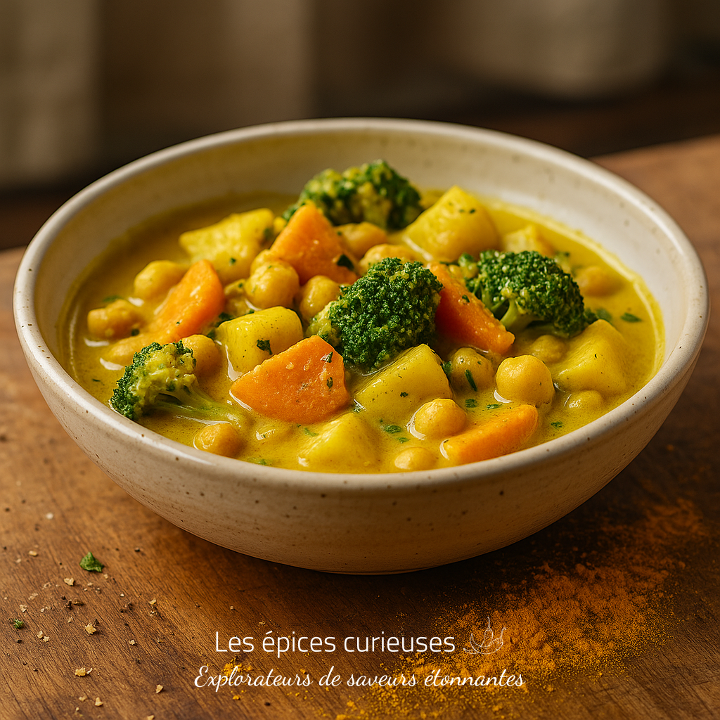 Curcuma de Madagascar – Poudre Dorée Bol de curry végétarien coloré avec carottes, brocoli et pois chiches, présenté sur une table en bois.