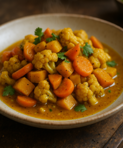 Curry de légumes à base de chou-fleur, carottes et patates douces, servi dans un bol en céramique sur une table en bois.