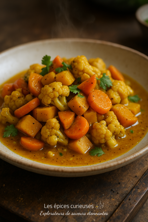 Curry de légumes à base de chou-fleur, carottes et patates douces, servi dans un bol en céramique sur une table en bois.