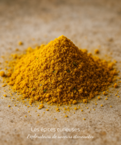 Tas de curcuma en poudre sur une surface en bois, épice utilisée pour ses bienfaits et ses saveurs culinaires.