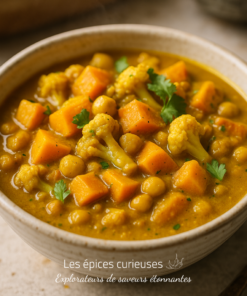 Bol de curry de légumes avec pois chiches, patates douces et chou-fleur, garni de coriandre fraîche.