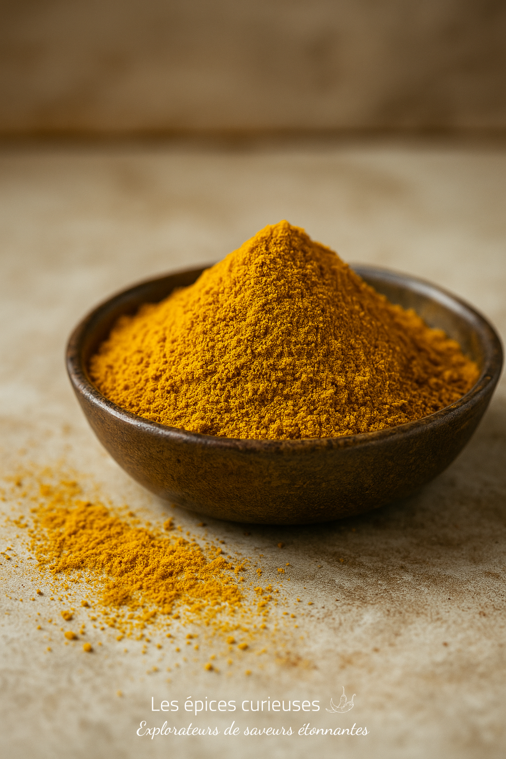 Curry Doux – Saveurs Équilibrées (1) Bol de poudre de curcuma vibrant sur fond beige, épice naturelle et colorée pour cuisine et bien-être.