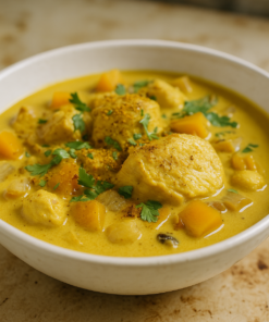 Bol de curry au poulet crémeux avec morceaux de butternut et coriandre, sur table en bois. Plat réconfortant et épicé.