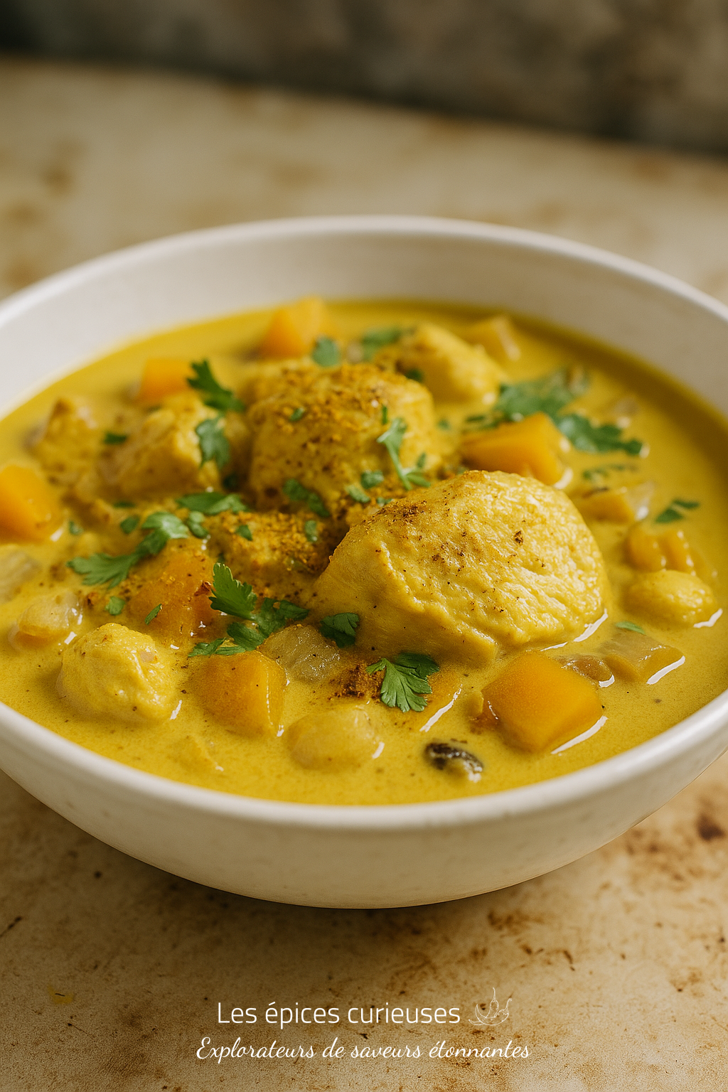 Curry Doux – Saveurs Équilibrées (2) Bol de curry au poulet crémeux avec morceaux de butternut et coriandre, sur table en bois. Plat réconfortant et épicé.