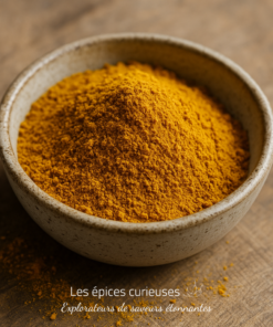 Bol de poudre de curcuma sur table en bois, épice jaune vibrante utilisée en cuisine pour sa saveur et ses bienfaits.