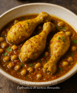 Poulet aux épices et pois chiches en sauce, servi dans un bol en céramique, sur une table en bois.