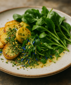 Assiette de pommes de terre rôties au beurre persillé avec salade de roquette, garnie d'herbes fraîches et fleurs comestibles.