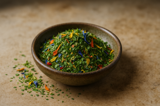 Bol de mélanges d'herbes séchées aux fleurs colorées sur une surface en bois.