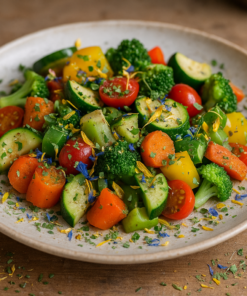 Assiette de légumes frais : tomates cerises, carottes, brocoli, et courgettes, garnie de fleurs comestibles colorées.