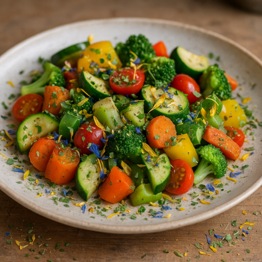 Assiette de légumes frais : tomates cerises, carottes, brocoli, et courgettes, garnie de fleurs comestibles colorées.