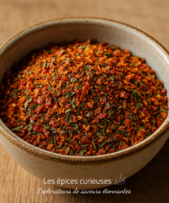 Bol de mélange d'épices rouges et vertes sur une table en bois, parfait pour ajouter du piquant à vos plats.