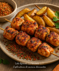 Brochettes de poulet grillé avec pommes de terre rôties et épices, plat appétissant sur assiette rustique.