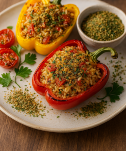 Poivrons farcis au riz et herbes sur une assiette, accompagnés de tomates et persil. Repas coloré et appétissant.