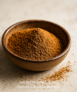 Bol de poudre de cannelle sur fond neutre, utilisé pour la cuisine et les desserts.