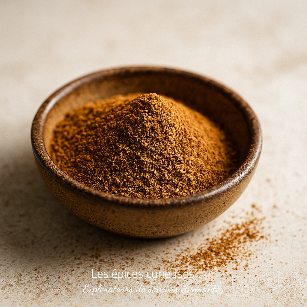 Étoile des Saveurs – Anis Étoilé en Poudre (1) Bol de poudre de cannelle sur fond neutre, utilisé pour la cuisine et les desserts.