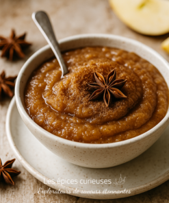 Purée de pommes épicée, garnie de cannelle et anis étoilé dans un bol.